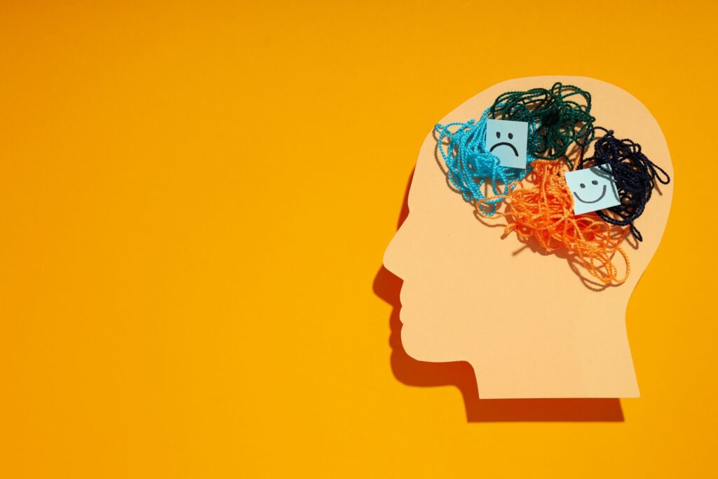 This conceptual image depicts a human head silhouette with colorful yarn representing mental states.