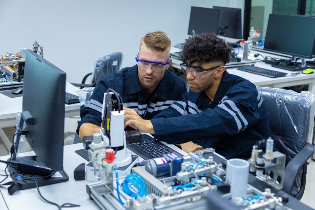 Two adults in matching blue shirts work with robotic technology in a bright, modern workplace setting.