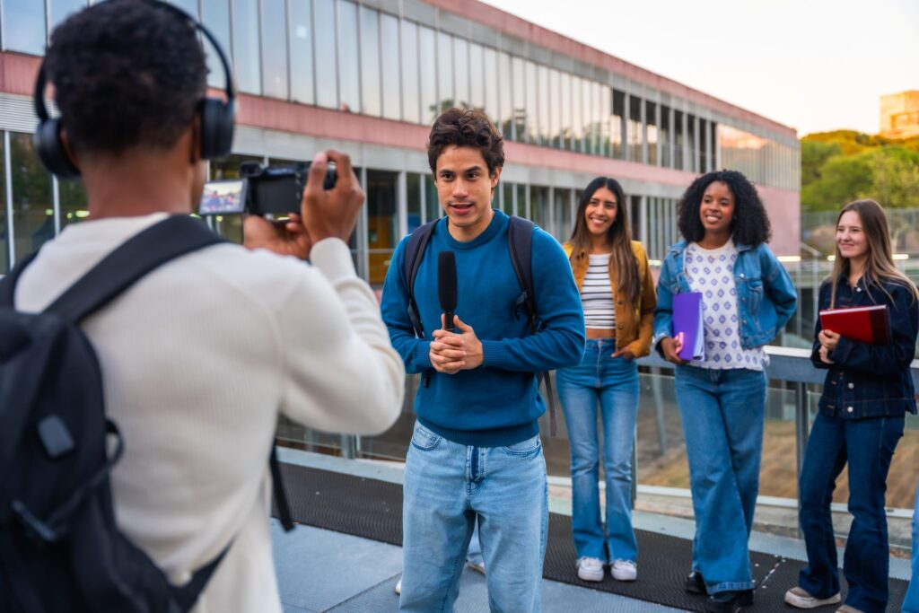 Five young adults are gathered outside a college building.