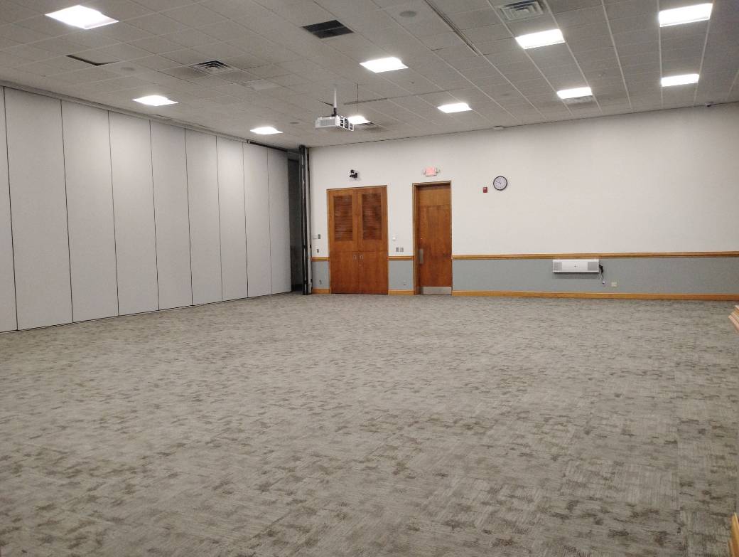 Wide shot of the back of a room 124 quarter ballroom in K.E. White Graduate Center.