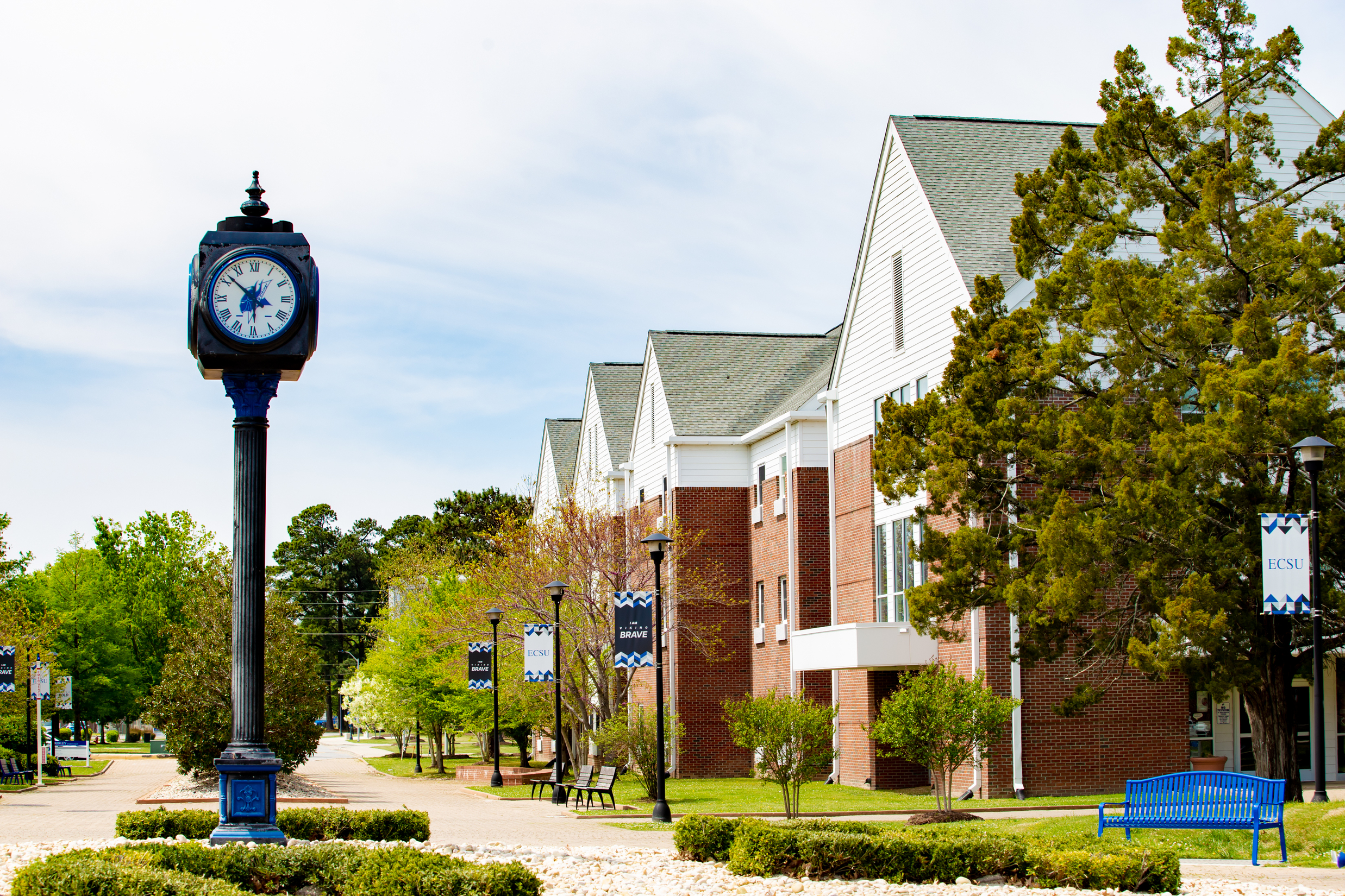 Black campus clock on a tall post stands along a walkway lined with trees and benches, with red-brick residence buildings and ECSU banners visible in the background.