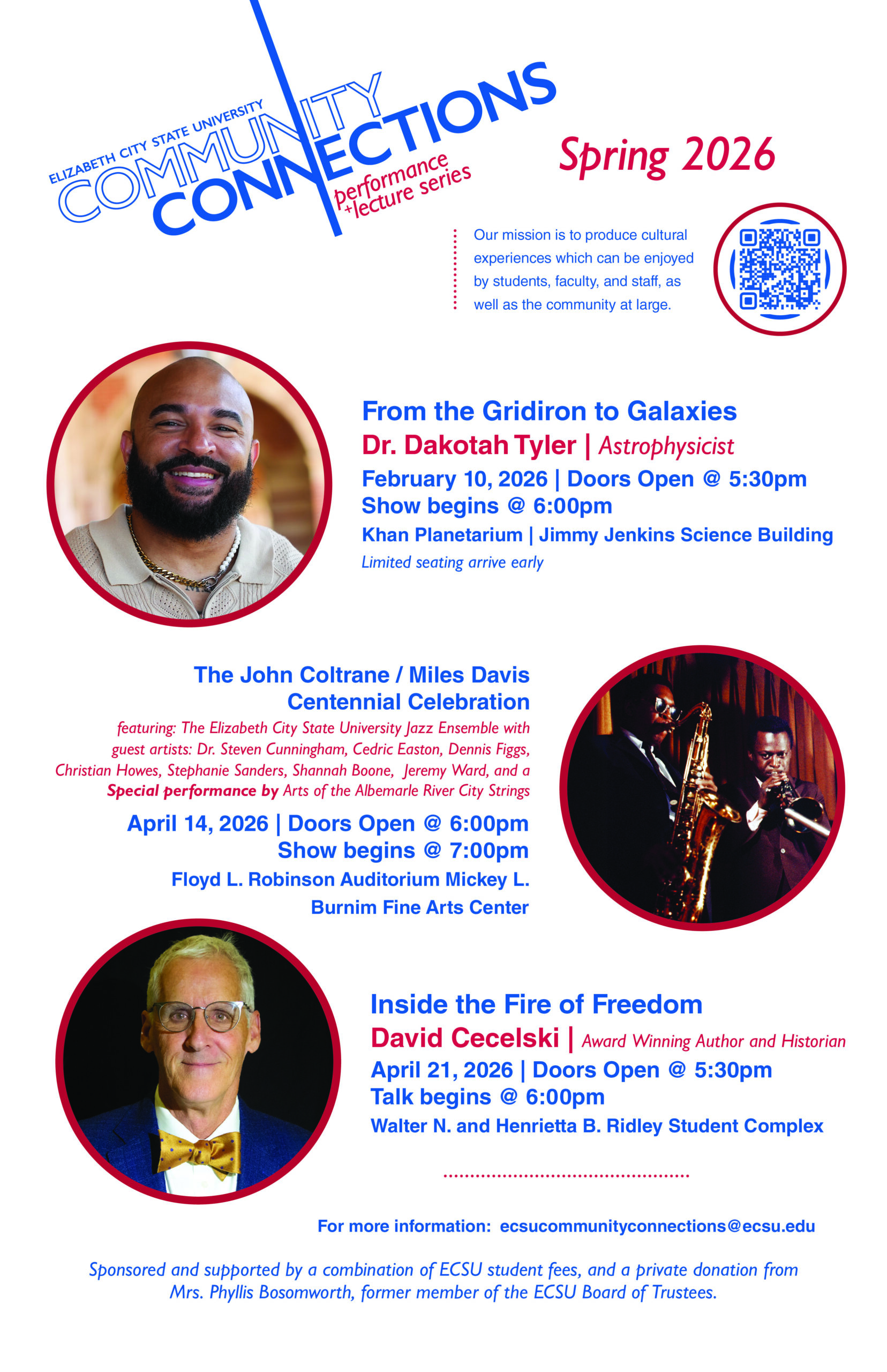 Elizabeth City State University Community Connections Spring 2026 flyer promoting a performance and lecture series. Events include “From the Gridiron to Galaxies” featuring Dr. Dakotah Tyler on February 10, 2026 at Khan Planetarium; “The John Coltrane / Miles Davis Centennial Celebration” on April 14, 2026 at the Mickey L. Burnim Fine Arts Center; and “Inside the Fire of Freedom” with author David Cecelski on April 21, 2026 at the Ridley Student Complex. Flyer includes speaker photos, a QR code, and contact information for more details.