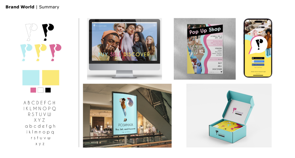 Brand concept presentation for Poshmark displaying logo variations, typography, color palette, website and mobile app mockups, event marketing materials, retail advertising, and branded packaging.