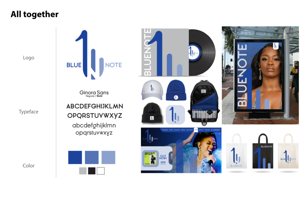 Brand identity presentation for Blue Note featuring a blue-and-gray logo, typography, color palette, album artwork, mobile app icon, merchandise, website mockup, and outdoor advertising applications.