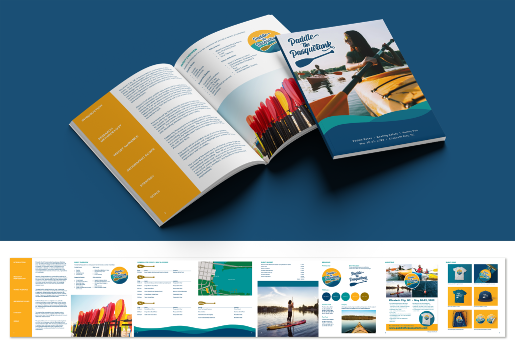 Event branding and publication design for “Paddle the Pasquotank,” featuring a booklet mockup with kayaking imagery, event information pages, logo designs, color palette, promotional materials, merchandise concepts, and marketing collateral displayed across a multi-page layout.