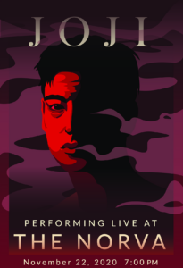 Illustrated concert poster for Joji featuring a stylized portrait rendered in red and black tones against a smoky purple background. The poster advertises a live performance at The NorVa on November 22, 2020, at 7:00 p.m.