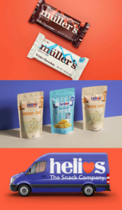 Brand identity and packaging design for Helio’s Snack Company featuring chocolate bar wrappers, snack packaging, and a branded delivery van. The design uses bold typography, bright orange and blue color palettes, and consistent branding across multiple product lines.