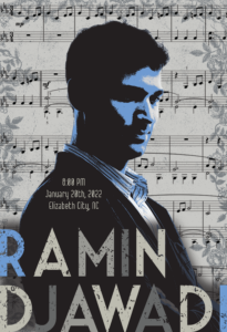 Promotional concert poster featuring a stylized portrait against a background of sheet music and floral accents. The poster advertises a Ramin Djawadi performance in Elizabeth City, North Carolina, on January 20, 2022, at 8:00 p.m., using a blue, black, and gray color palette.