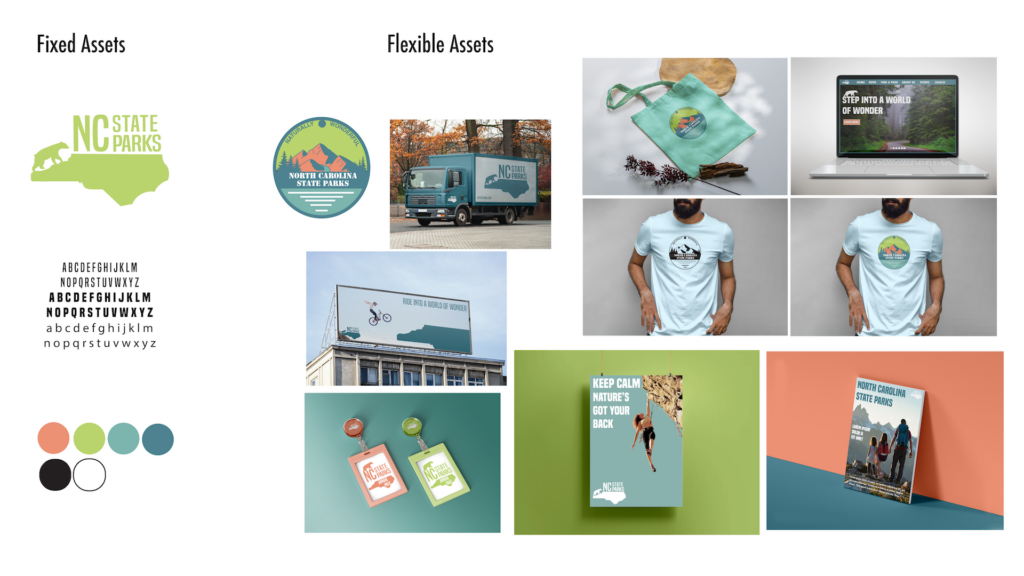 Brand identity system for North Carolina State Parks featuring logo design, typography, color palette, apparel, promotional materials, vehicle graphics, website concepts, signage, brochures, and branded merchandise. The project demonstrates a unified visual identity across multiple print and digital touchpoints.
