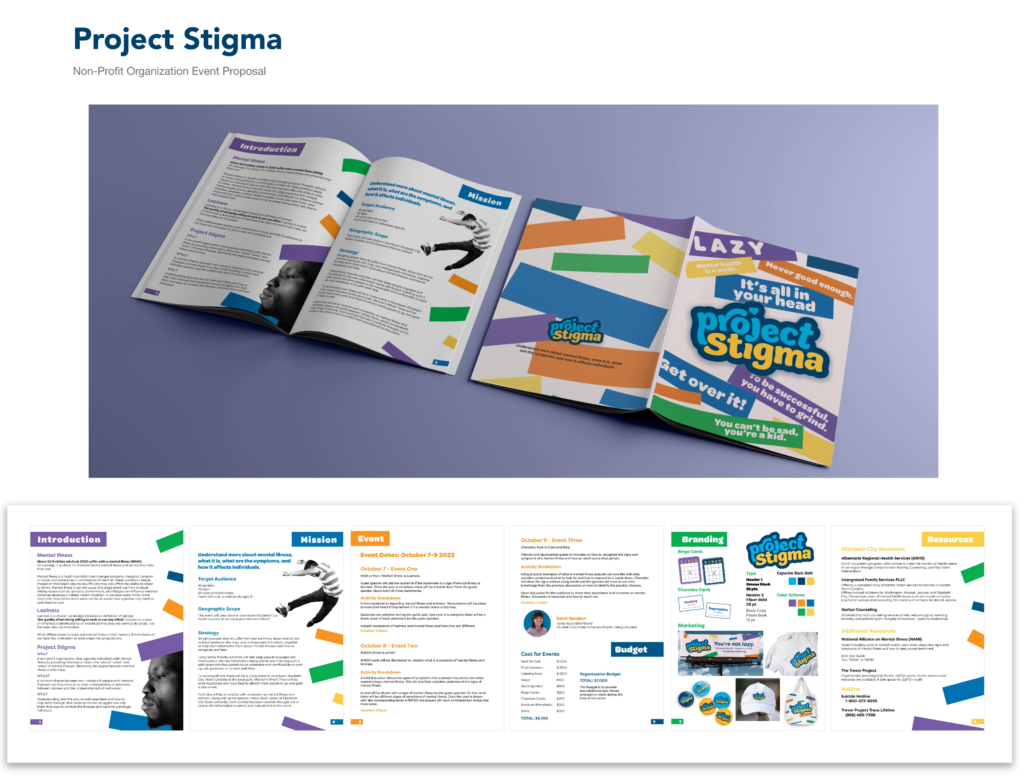 Event branding and publication design for Project Stigma, a nonprofit mental health awareness initiative. The presentation includes booklet spreads, event planning materials, logo development, marketing concepts, resources, promotional merchandise, and branding guidelines displayed in a multi-page layout.