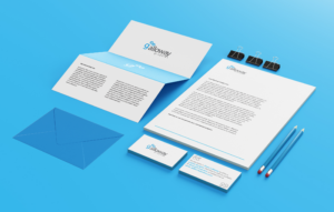 Corporate stationery mockup for Galloway Graphics featuring a letterhead, business cards, envelope, folded brochure, pencils, and branded office materials. The design uses a blue-and-white color palette with a clean, professional visual identity.