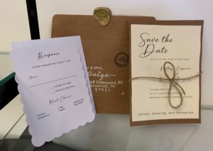 Rustic wedding stationery set featuring a save-the-date card, RSVP card, kraft-paper backing, twine closure, and handwritten-style typography. The design combines natural textures, neutral colors, and minimalist layouts.