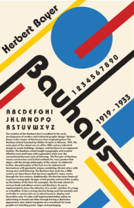 Typography poster highlighting the Bauhaus typeface and design movement. The composition uses geometric shapes, primary colors, bold lettering, alphabet samples, and historical information about Herbert Bayer and the development of Bauhaus typography.