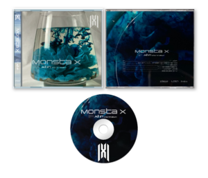 Album package design for Monsta X featuring front and back CD artwork, a compact disc design, and a blue-toned visual theme inspired by ink suspended in water and floral elements.
