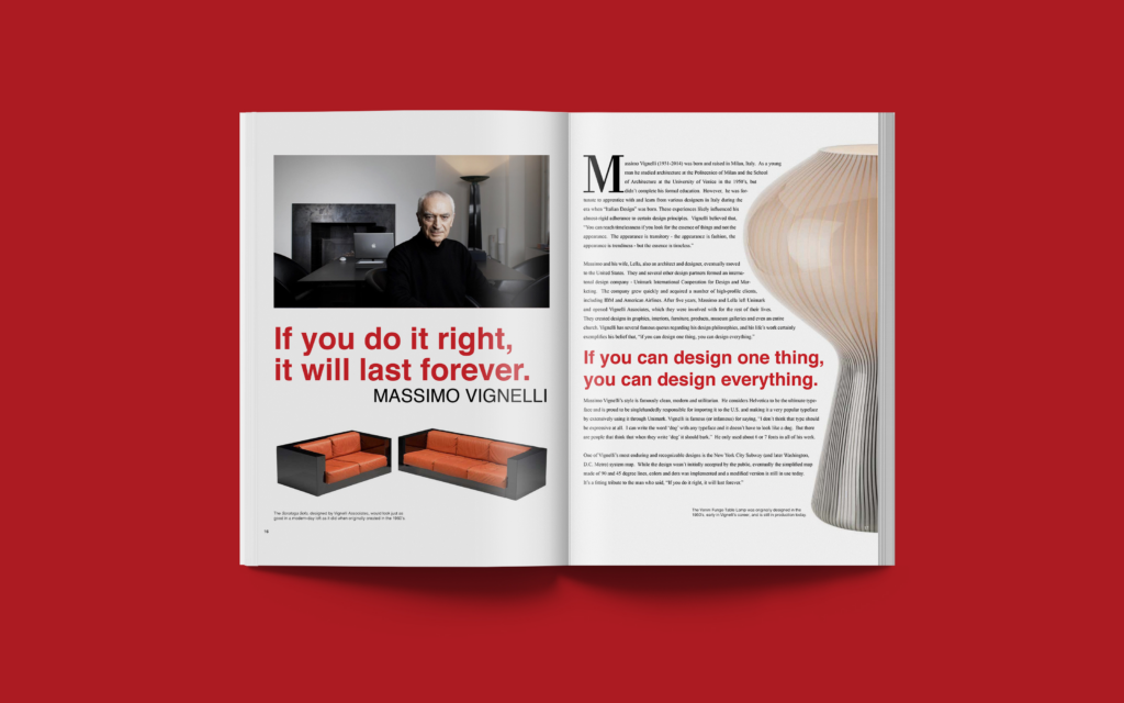 Editorial magazine spread about designer Massimo Vignelli featuring a portrait, quotations, product photography, and a clean red-and-white layout. The design combines typography, imagery, and article content to highlight Vignelli’s design philosophy and work.