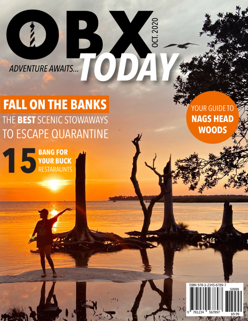 Magazine cover design for OBX Today featuring a sunset landscape with silhouetted trees and water. The cover highlights fall travel destinations, restaurants, and outdoor attractions in the Outer Banks, using bold editorial typography and photography.