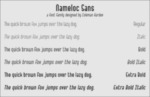 Typeface specimen poster for Nameloc Sans, a font family designed by Coleman Hardee. The layout displays regular, italic, bold, bold italic, extra bold, and extra bold italic styles using sample text to demonstrate the typeface's visual characteristics.