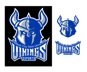 Esports logo design for Elizabeth City State University Vikings Esports featuring a stylized Viking helmet icon in blue, white, and gray. The presentation shows both a full logo lockup with typography and a standalone mascot mark.