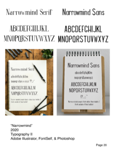 Custom typeface presentation for “Narrowmind,” showcasing serif and sans-serif font families. The design includes alphabet specimens, typography samples, and mockups demonstrating the fonts in printed layouts and sketchbook applications.