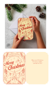 Holiday greeting card design featuring decorative illustrations of ornaments, holly, pine branches, and festive typography reading “Merry Christmas.” The presentation includes a card mockup, front design, and interior message layout.