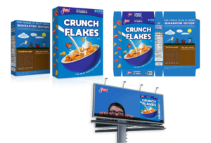 Cereal packaging and advertising campaign for Crunch Flakes featuring a blue product box design, nutritional branding, interactive quarantine-themed activities on the packaging, and a matching billboard advertisement. The project showcases packaging design, marketing concepts, and brand applications across multiple formats.