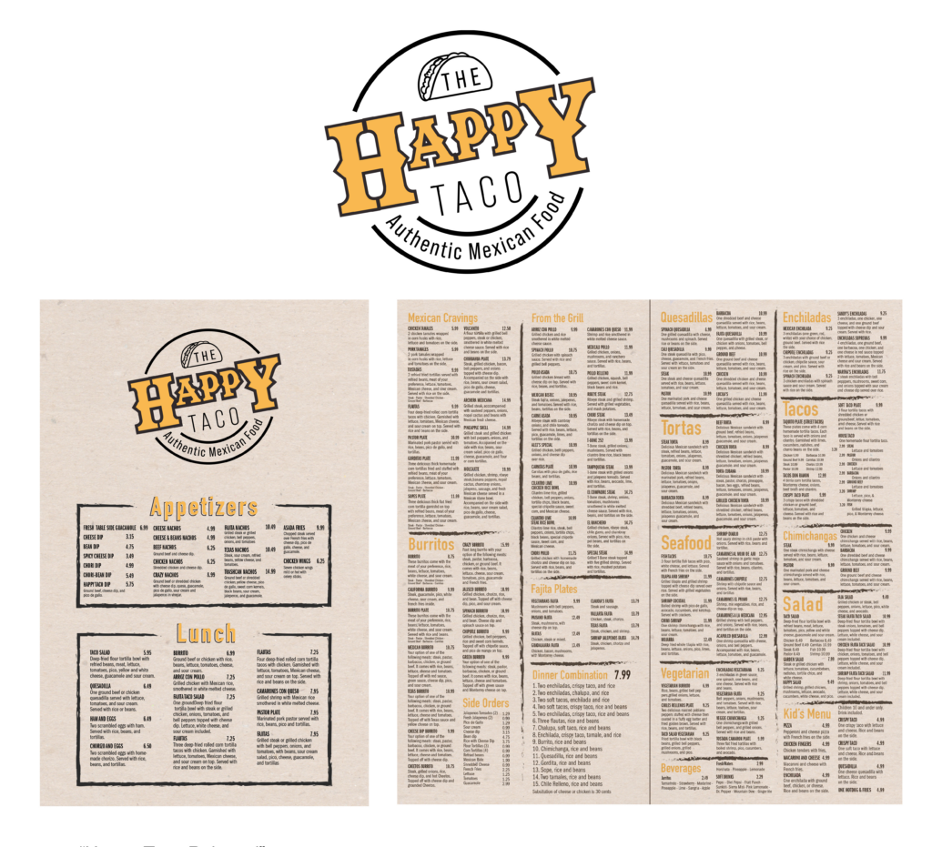 Restaurant branding project for Happy Taco featuring a custom logo, menu system, and visual identity. The presentation includes a circular logo with vintage-inspired typography and a multi-page menu layout for an authentic Mexican food restaurant.