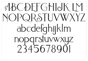 Custom serif typeface specimen displaying uppercase letters, lowercase letters, and numerals. The design showcases elegant high-contrast letterforms with decorative curves, thin strokes, and refined typography on a minimalist background.