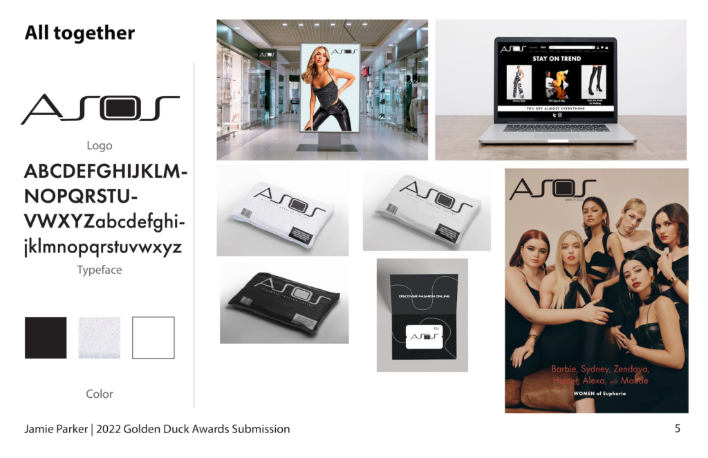 Fashion retail brand identity project for ASOS featuring logo design, custom typography, color palette, packaging concepts, website mockups, advertising displays, gift cards, and magazine applications. The presentation showcases a cohesive visual identity applied across print, digital, and retail environments.