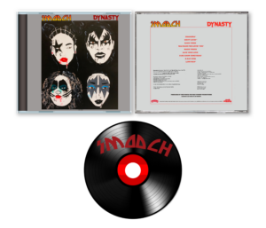 Album packaging design for Dynasty by Smooch featuring illustrated cover art inspired by glam rock aesthetics, custom typography, CD case layouts, track listing, and a coordinating disc design. The project includes front and back covers and branded music packaging elements.