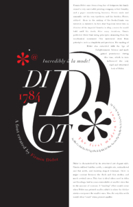 Typography poster exploring the Didot typeface, featuring a high-contrast black-and-white layout with oversized letterforms, decorative graphic elements, historical information about Firmin Didot, and examples of the typeface’s characteristics and anatomy.
