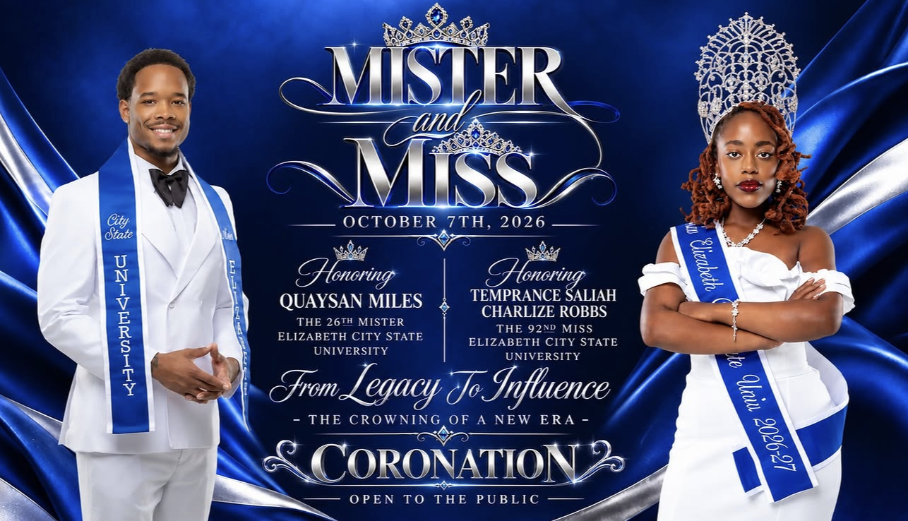 Flyer for the 2026 Mister and Miss ECSU Coronation honoring Quaysan Miles and Temprance Saliah Charlize Robbs on October 7, 2026.