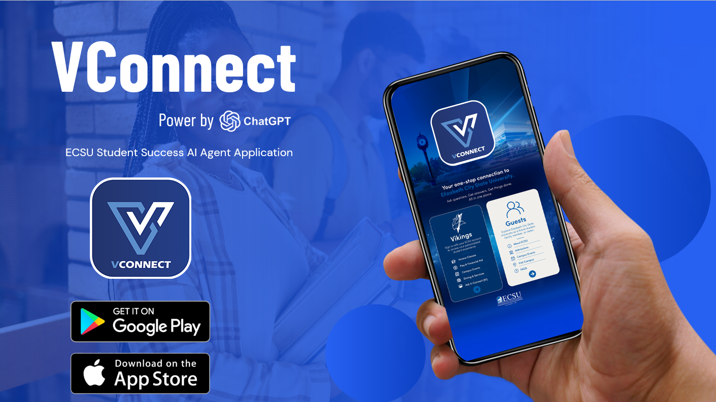 Promotional graphic for the VConnect student success app, showing the VConnect logo, mobile app interface, and download options for Google Play and the App Store.