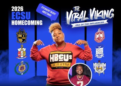 Flyer promoting the 2026 ECSU Homecoming Student Body Meeting as part of the theme “The Viral Viking: Era of the Influencer.” The graphic features a speaker wearing an HBCU-themed sweatshirt surrounded by fraternity and sorority crests, with Homecoming branding and a photo of a football player.