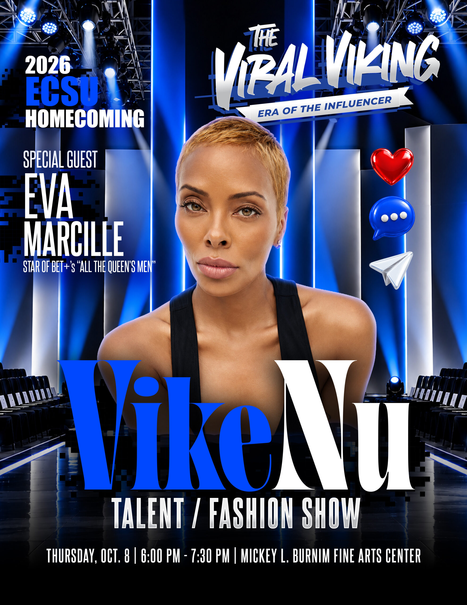 Flyer promoting the VikeNu Talent and Fashion Show during 2026 ECSU Homecoming. Special guest Eva Marcille, star of BET+'s "All the Queen's Men," will appear at the event on Thursday, October 8, from 6:00 p.m. to 7:30 p.m. at the Mickey L. Burnim Fine Arts Center.