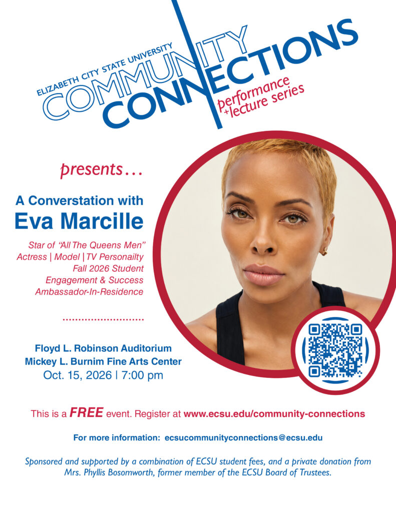 Community Connections flyer promoting a conversation with Eva Marcille on October 15, 2026, at the Mickey L. Burnim Fine Arts Center.