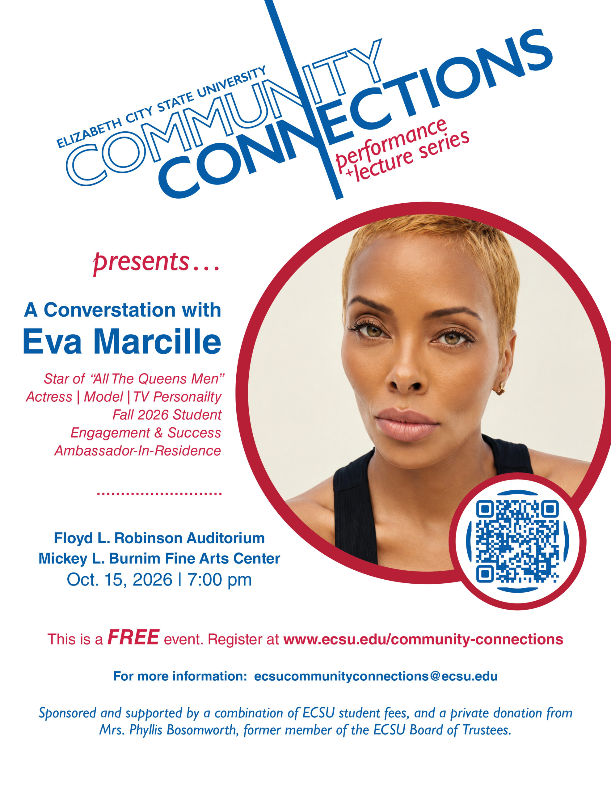 Community Connections flyer promoting a conversation with Eva Marcille on October 15, 2026, at the Mickey L. Burnim Fine Arts Center.