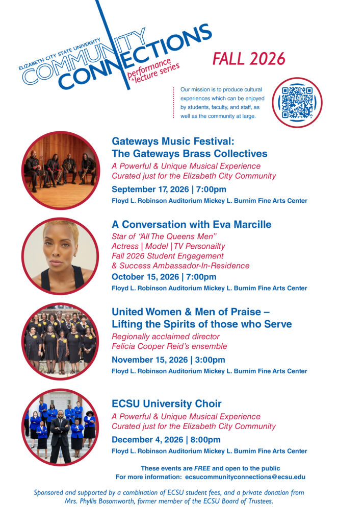 ECSU Community Connections Fall 2026 flyer featuring performances and lectures by the Gateways Brass Collective, Eva Marcille, United Women & Men of Praise, and the ECSU University Choir.