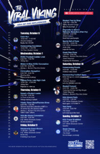 ECSU Homecoming 2026 schedule flyer themed "The Viral Viking: Era of the Influencer." The flyer lists Homecoming Week events from October 6 through October 11, including the Color Run, Coronation, Greek Step Show, Homecoming Parade, Student Concert, alumni events, talent show, and community activities, with event times, locations, and a QR code for additional information.