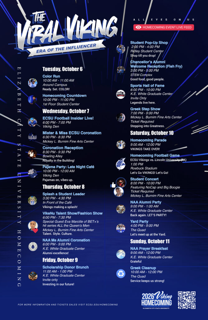 ECSU Homecoming 2026 schedule flyer themed "The Viral Viking: Era of the Influencer." The flyer lists Homecoming Week events from October 6 through October 11, including the Color Run, Coronation, Greek Step Show, Homecoming Parade, Student Concert, alumni events, talent show, and community activities, with event times, locations, and a QR code for additional information.