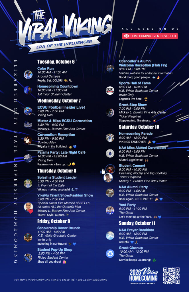 ECSU Homecoming 2026 schedule flyer themed "The Viral Viking: Era of the Influencer." The flyer lists Homecoming Week events from October 6 through October 11, including the Color Run, Coronation, Greek Step Show, Homecoming Parade, Student Concert, alumni events, talent show, and community activities, with event times, locations, and a QR code for additional information.