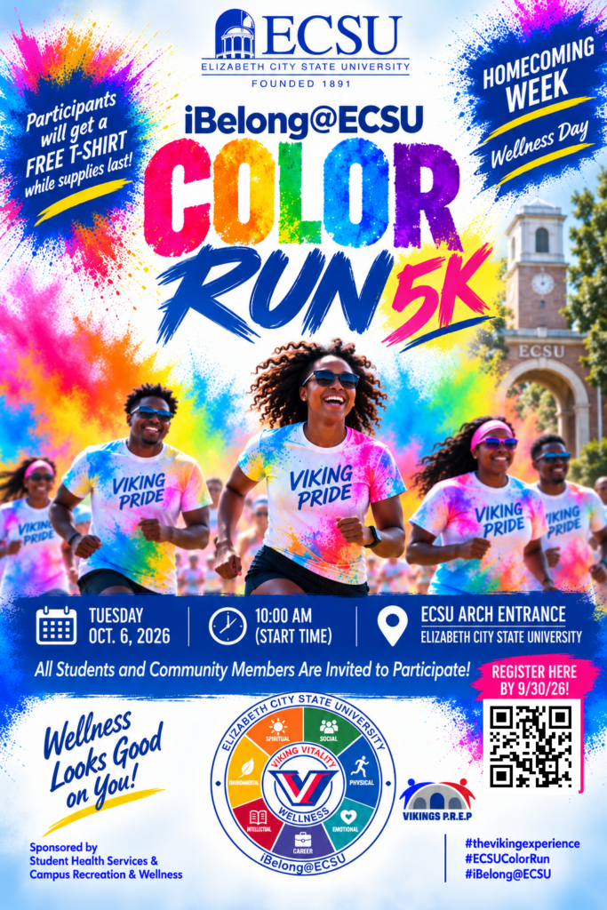 Flyer for the iBelong@ECSU Color Run 5K during ECSU Homecoming Week Wellness Day on October 6, 2026, at the ECSU Arch Entrance.