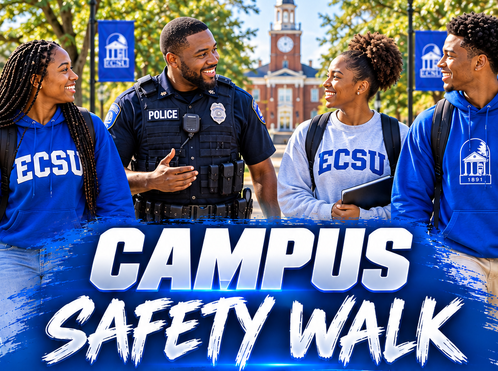 Promotional graphic for the ECSU Campus Safety Walk featuring University Police and students walking together on campus. The event, hosted by Title IX and University Police, will take place on October 6, 2026, at 5:30 p.m. beginning at the Student Promenade and will highlight safe routes and emergency call boxes ahead of Homecoming events.