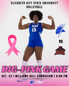 ECSU volleyball Dig Pink Game flyer promoting the October 22 matchup against Shaw University at 6:00 p.m. in Williams Hall Gymnasium.