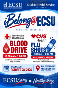 ECSU Student Health Services flyer promoting flu shots from 9 a.m. to 1 p.m. and an American Red Cross blood drive from 10 a.m. to 3 p.m. on October 28, 2026, in the Ridley Student Center Great Hall.