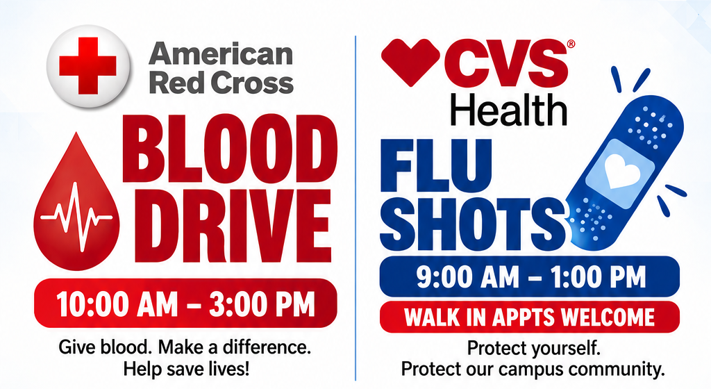 Feature image promoting flu shots from 9 a.m. to 1 p.m. and an American Red Cross blood drive from 10 a.m. to 3 p.m. on October 28, 2026, in the Ridley Student Center Great Hall.