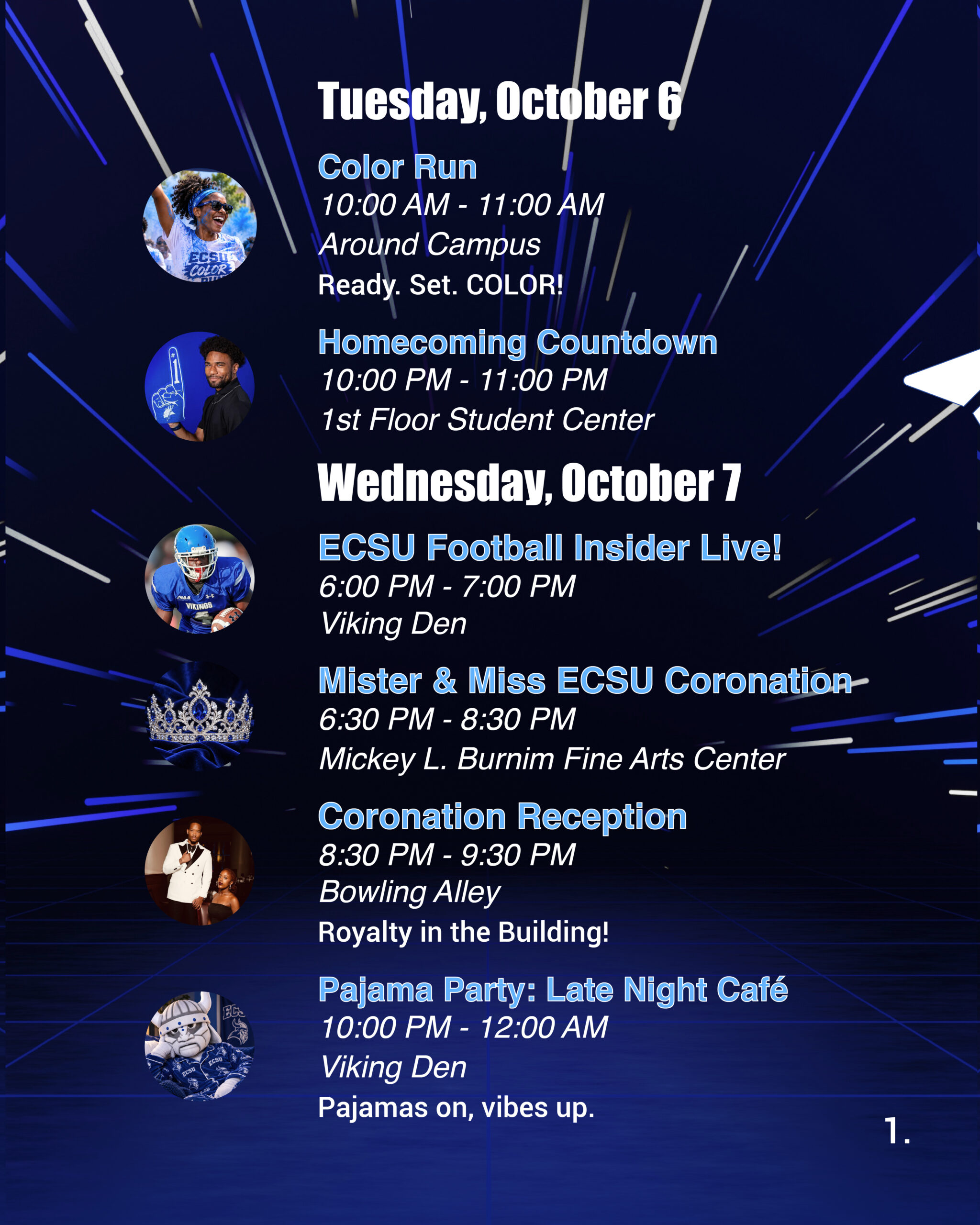 2026 ECSU Homecoming schedule graphic for October 6 and 7. Featured events include the Color Run, Homecoming Countdown, ECSU Football Insider Live, Mister and Miss ECSU Coronation, Coronation Reception, and Pajama Party: Late Night Café.