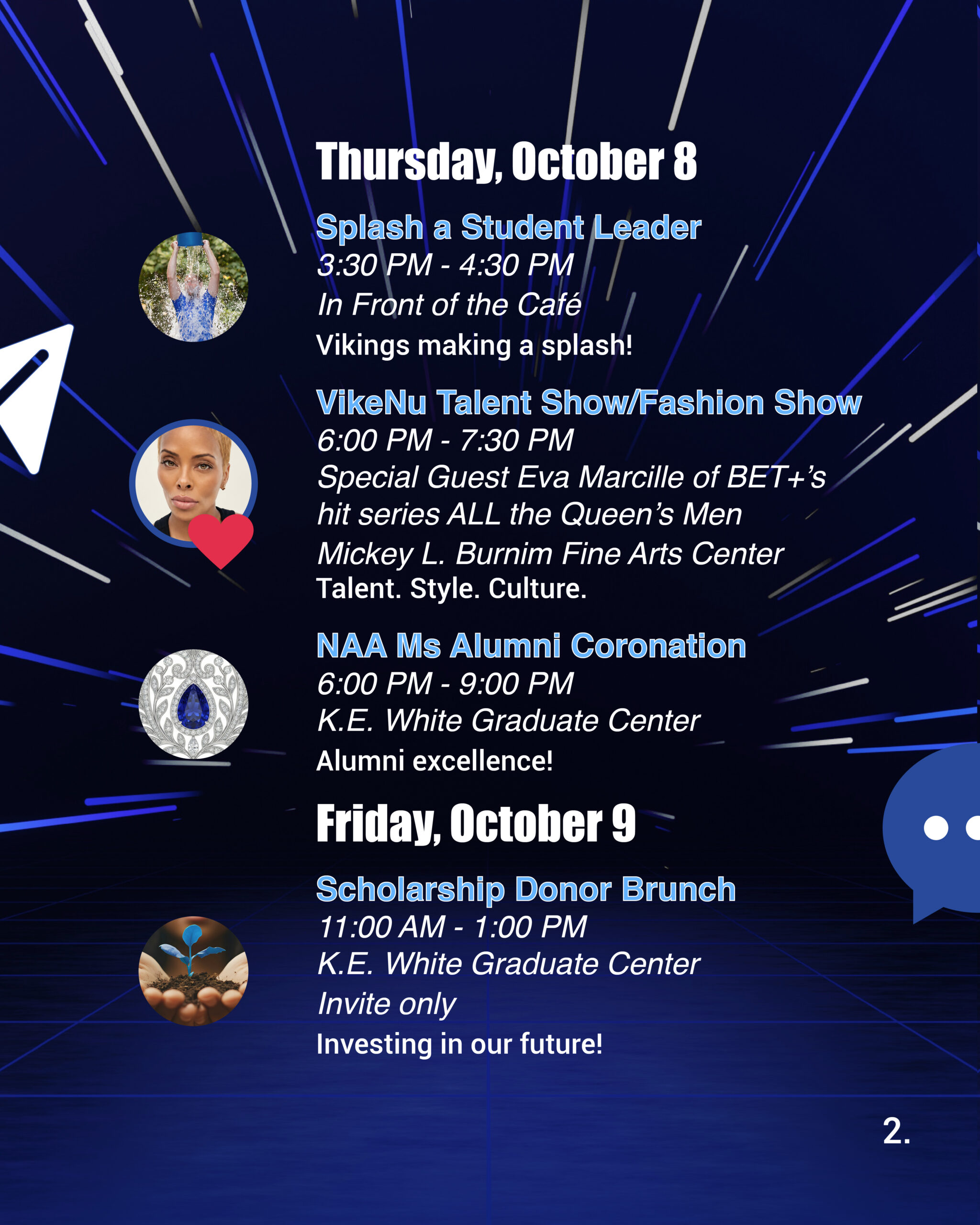 2026 ECSU Homecoming schedule graphic for October 8 and 9. Events include Splash a Student Leader, the VikeNu Talent and Fashion Show featuring Eva Marcille, the NAA Ms. Alumni Coronation, and the Scholarship Donor Brunch.