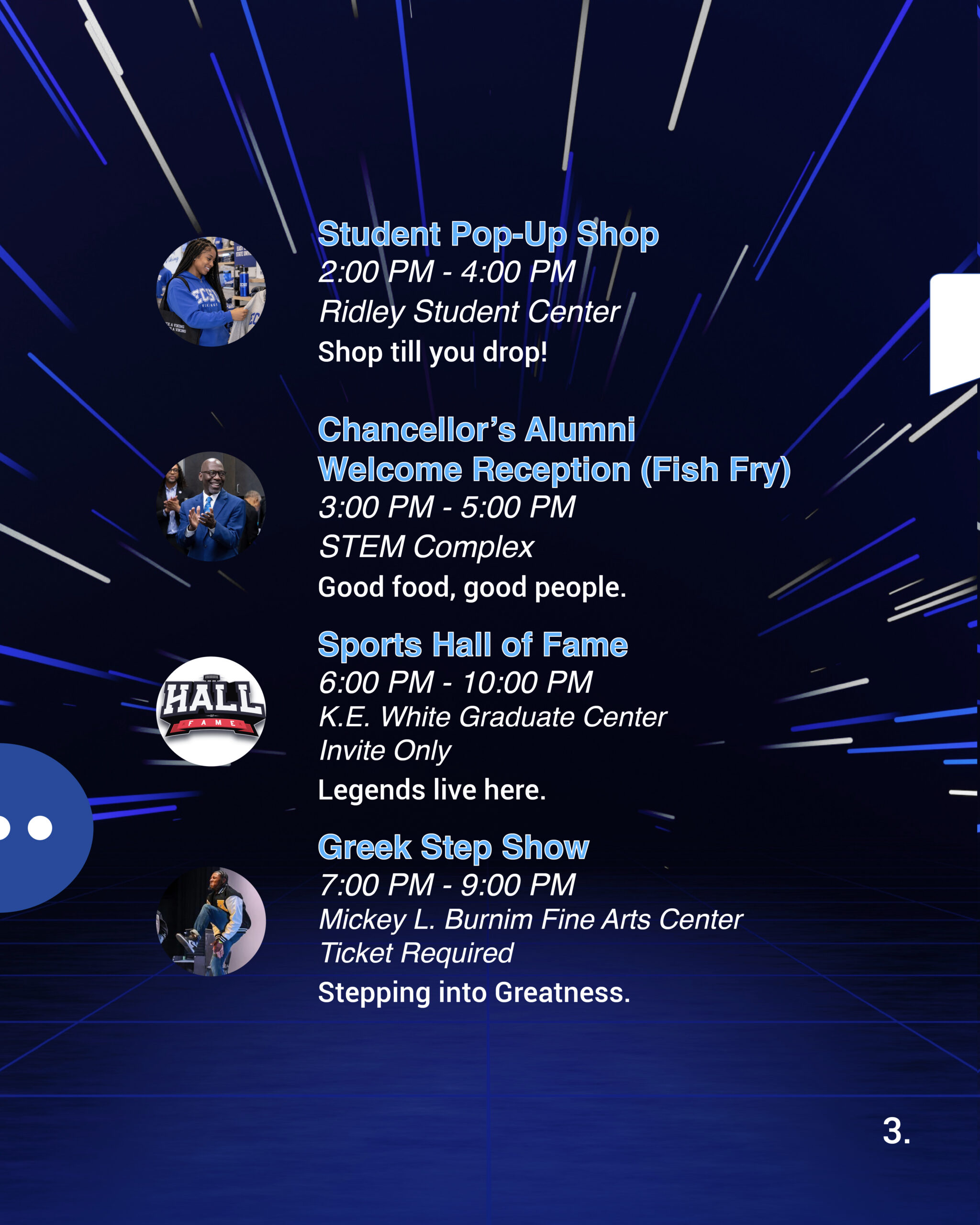 2026 ECSU Homecoming schedule graphic highlighting October 9 and October 10 events, including the Student Pop-Up Shop, Chancellor’s Alumni Welcome Reception, Sports Hall of Fame induction, Greek Step Show, Homecoming Parade, Football Game, Student Concert featuring NoCap and Big Boogie, NAA Alumni Party, and Yard Party.