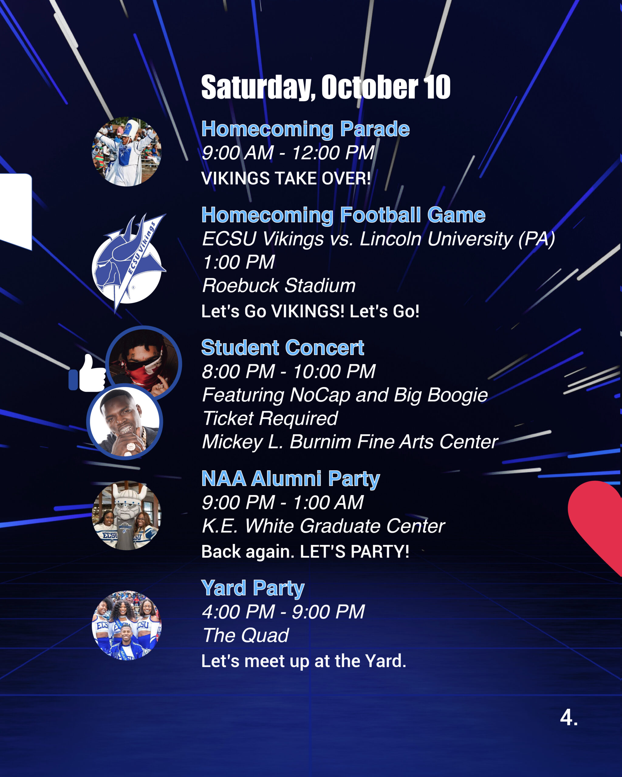 Flyer promoting the 2026 ECSU Homecoming Student Concert featuring NoCap and special guest Big Boogie. The concert will be held October 10 from 8:00 p.m. to 10:00 p.m. at the Mickey L. Burnim Fine Arts Center.