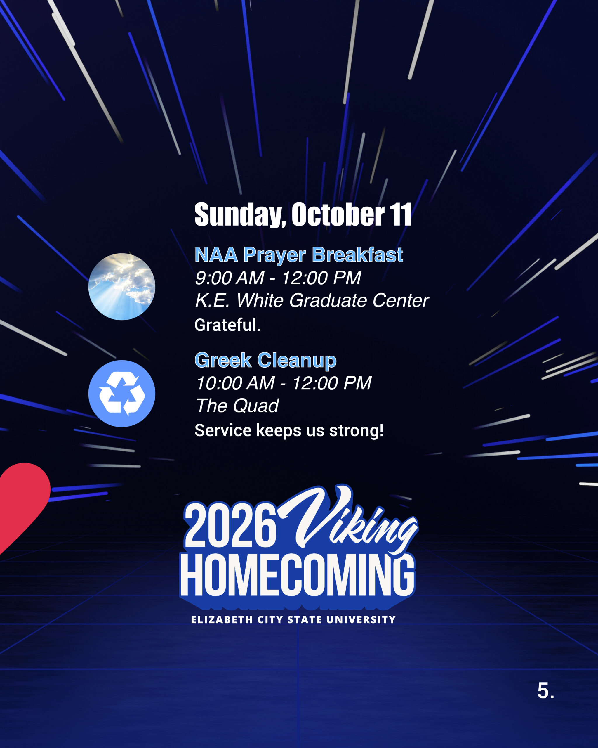 2026 ECSU Homecoming schedule graphic for Sunday, October 11, featuring the NAA Prayer Breakfast and Greek Cleanup service project.